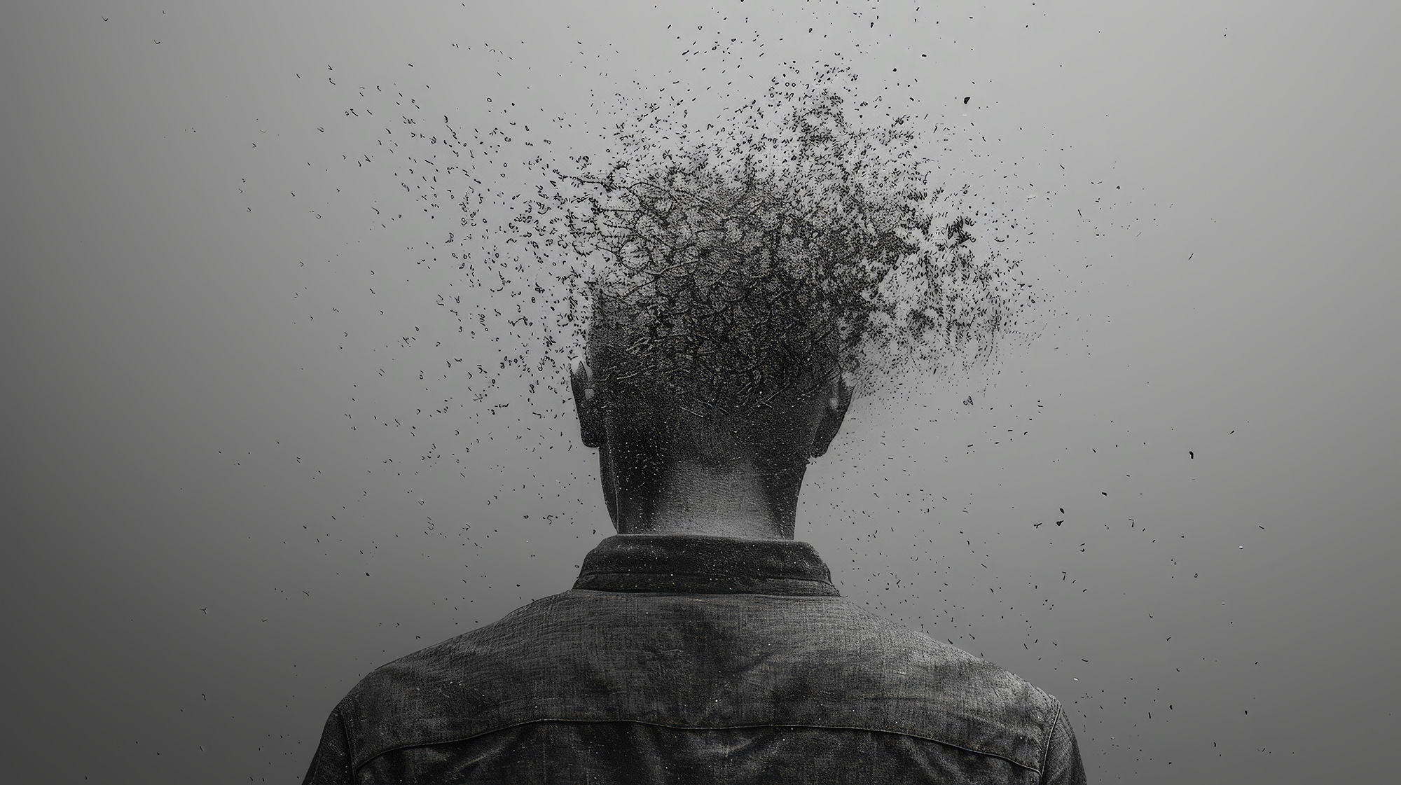 Silhouette d’une personne de dos dont la tête semble se désagréger en particules dans une image monochrome