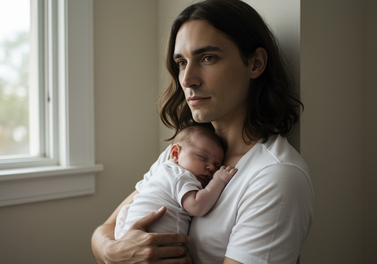 Figure paternelle et lien d’attachement Parent tenant un nouveau-né dans ses bras, illustrant la fonction paternelle et le lien d’attachement précoce, indépendamment du sexe.