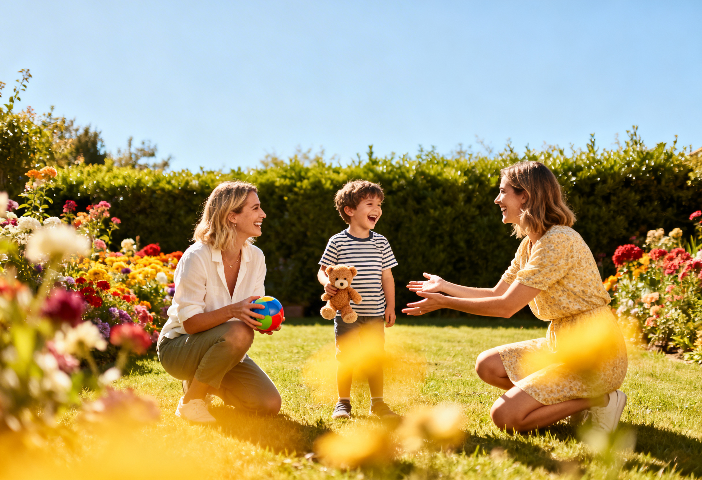Deux mères jouant avec leur enfant dans un jardin – illustration de la parentalité et des fonctions parentales