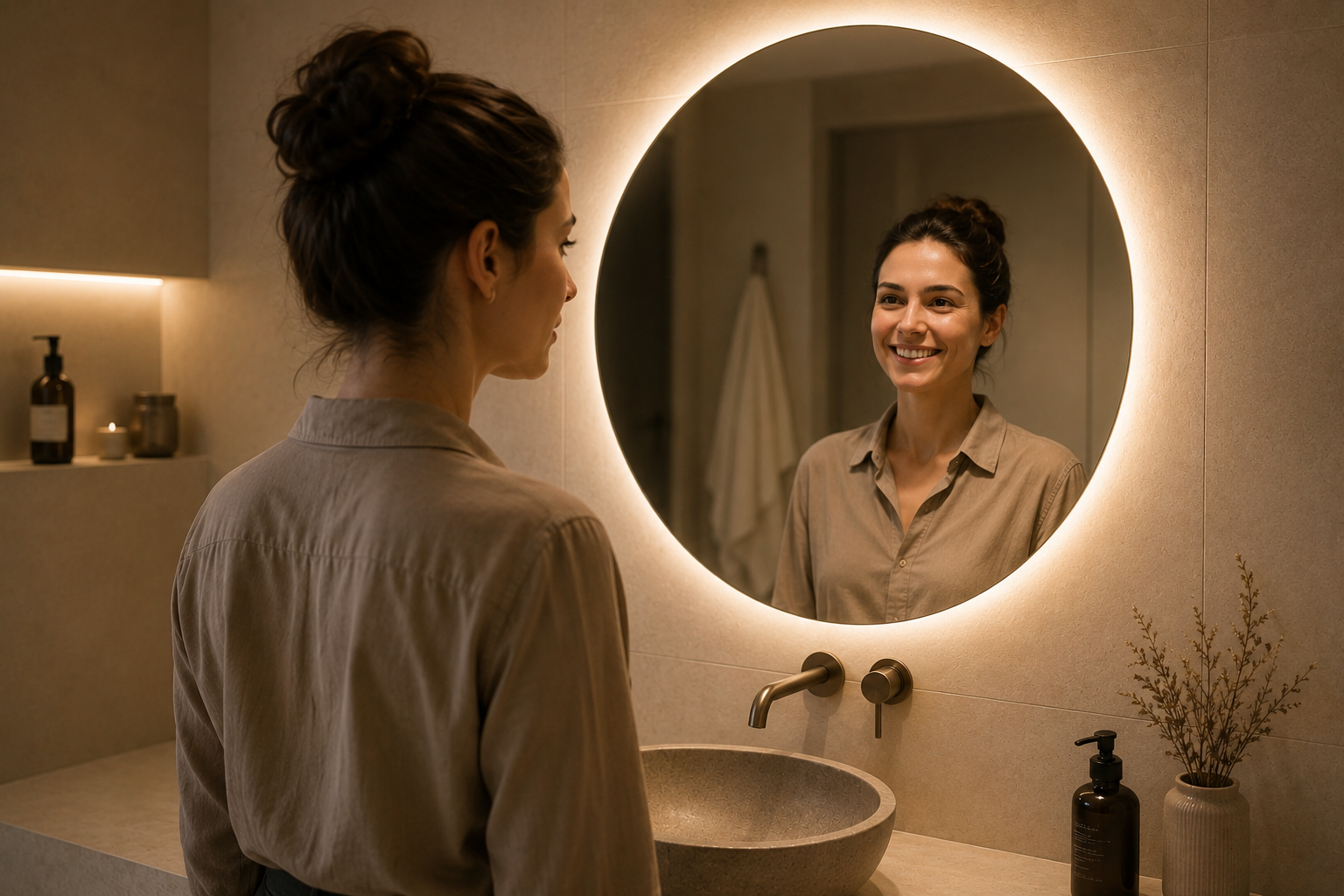 Faux self : quand la gentillesse cache une peur du rejet Femme souriante dans un miroir illustrant le faux self, le people pleasing et la peur du rejet en psychologie.