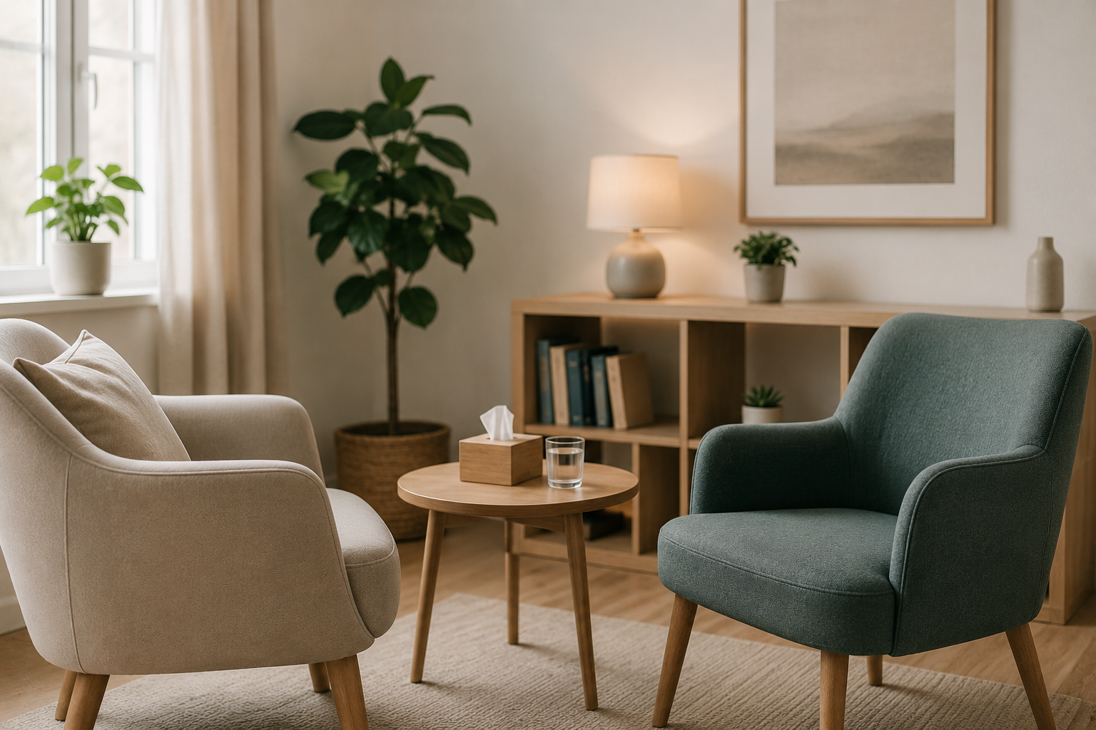 Comment choisir un psy à Montreuil ? Cabinet de psychothérapie à Montreuil avec deux fauteuils dans un espace chaleureux pour illustrer un article sur le choix d'un psy à Montreuil.