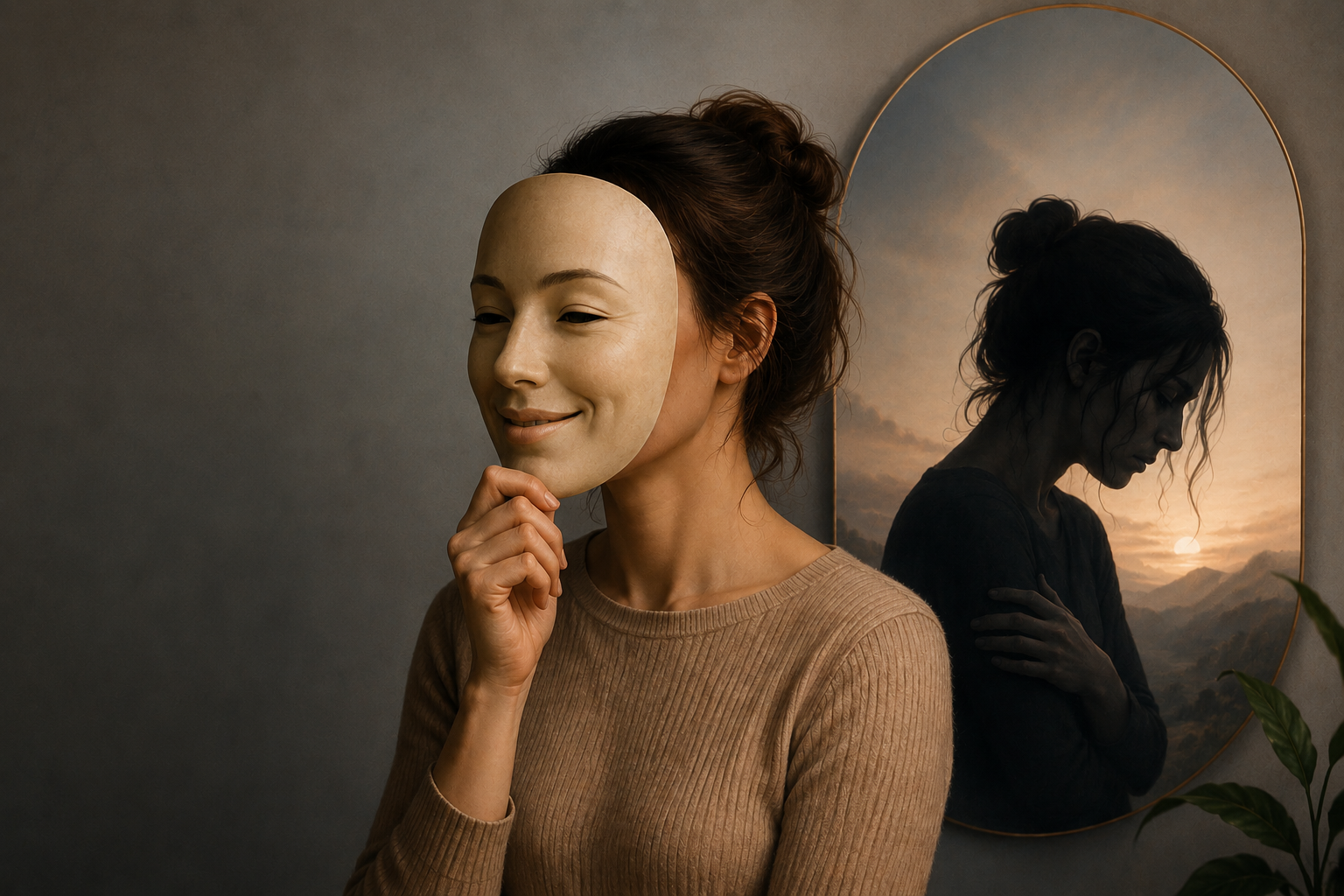 Femme portant un masque souriant qui cache son vrai visage, illustrant le concept de faux self selon Winnicott